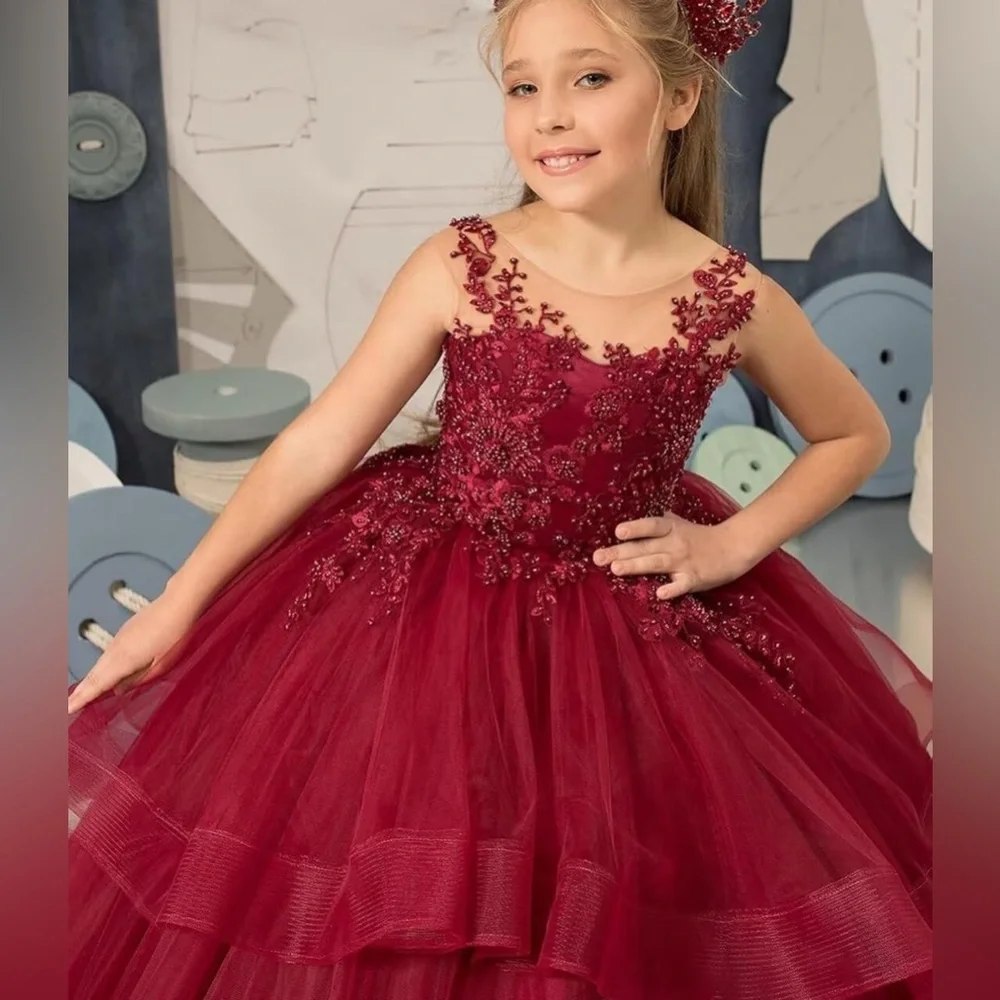 Girls' Special Occasion Tulle Tiered Dress with lace appliqué.